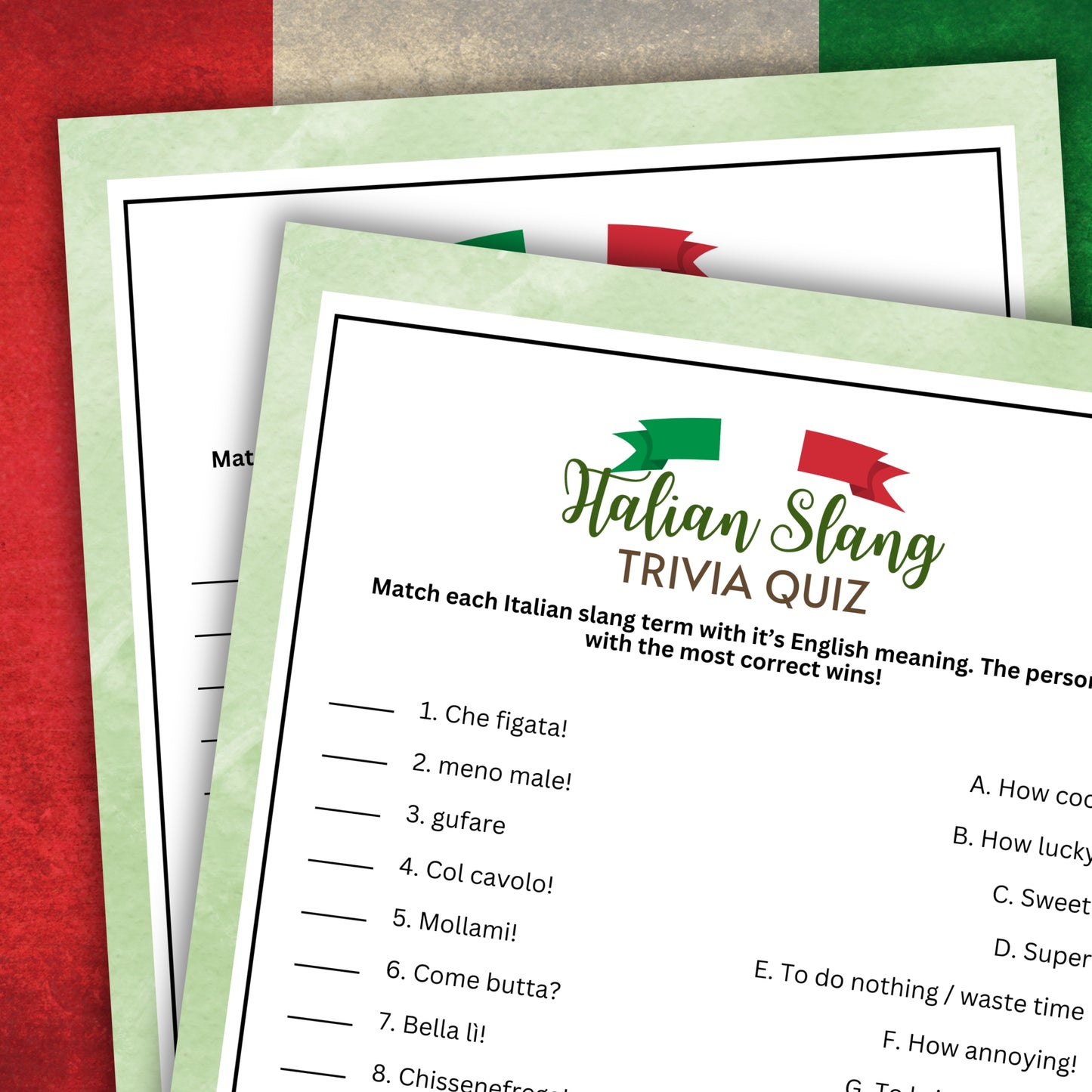 Are you hosting an Italian-themed event such as a pizza party, language learning gathering, or travel discussion? Experience an amusing and educational icebreaker with this cute and fun Italian Slang Matching Game from Party Prints Press! This delightful game provides an opportunity for language learners and enthusiasts of all ages to enjoy themselves while matching common Italian slang expressions with their English translations. 