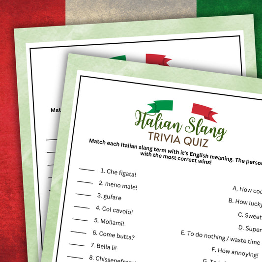 Are you hosting an Italian-themed event such as a pizza party, language learning gathering, or travel discussion? Experience an amusing and educational icebreaker with this cute and fun Italian Slang Matching Game from Party Prints Press!  This delightful game provides an opportunity for language learners and enthusiasts of all ages to enjoy themselves while matching common Italian slang expressions with their English translations. 