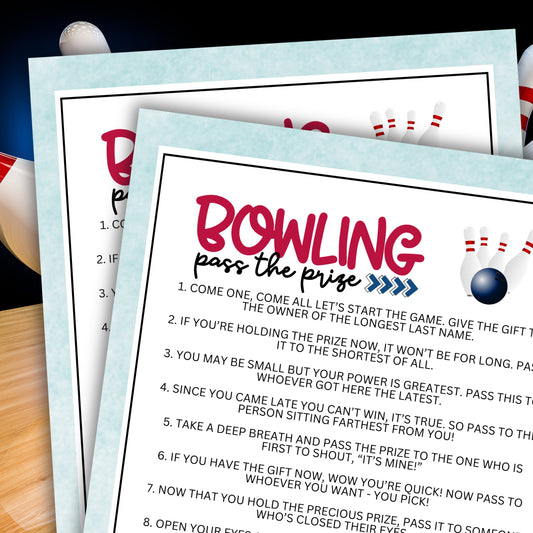 Are you looking for an exciting and interactive activity to get your guests mingling and having a blast at your bowling-themed party, bowling league event, birthday celebration, corporate team building, or any other fun gathering?  Whether you've got kids, teens, adults, and even seniors in your gathering or group, this fun Pass The Prize game from Party Prints Press is just what you need! 