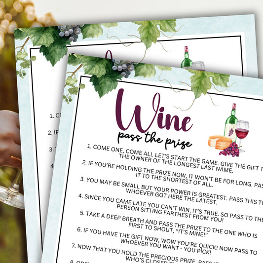 Are you seeking a fun and engaging activity to enjoy with friends at your upcoming alcohol-inspired event, dinner party, bachelor or bachelorette party or even just a pub crawl night on the town?   If you need a fun last-minute idea to add to your celebrations, this fun Wine-Themed Pass The Prize game from Party Prints Press is just what you need!   This game is a simple poem that you can read aloud to participants or print out a copy for each to read along!