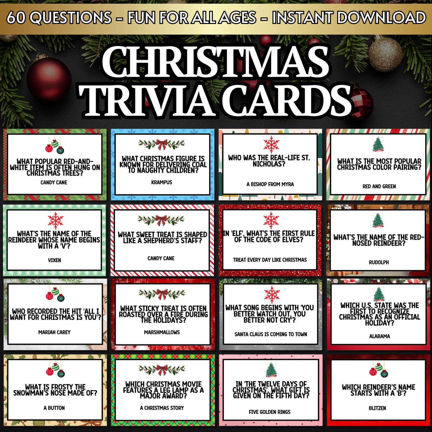 Christmas Trivia (60 Printable Cards)