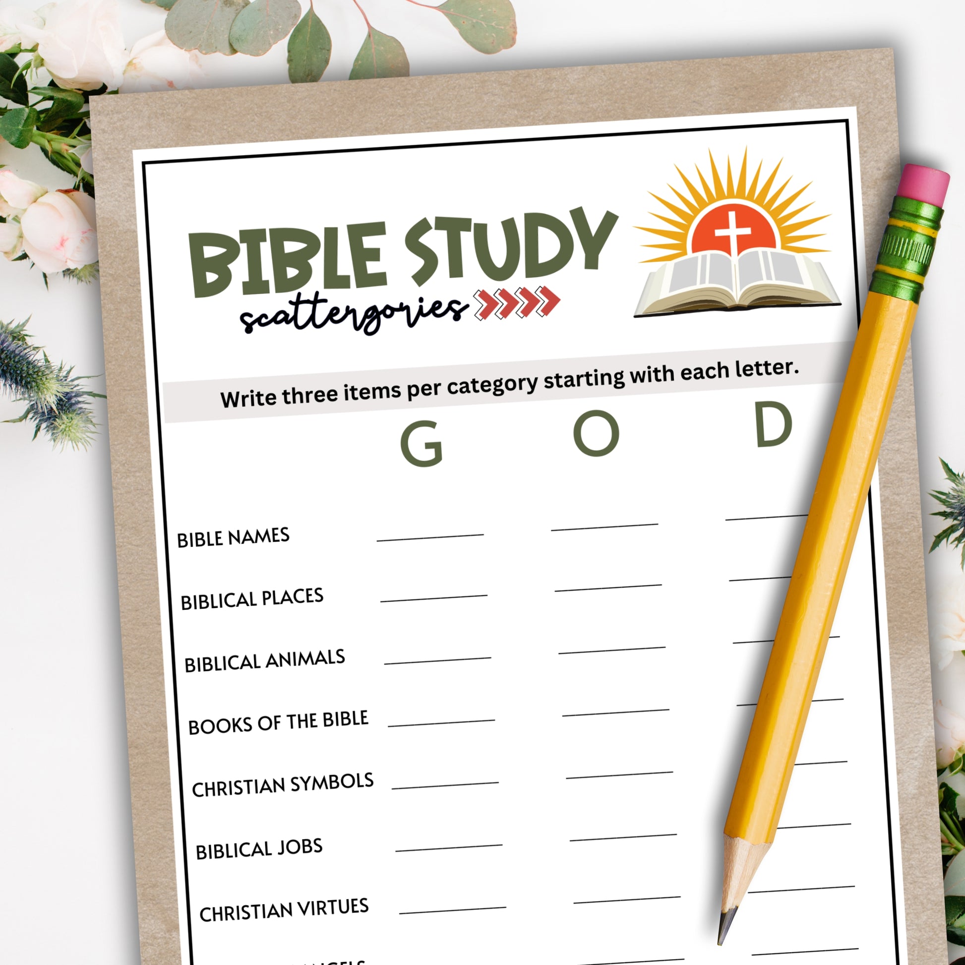 Test your knowledge with your church group, women's ministry, bible study, or tea luncheon with this fun and engaging scattered category game!   Guests are given several sets of categories where they must list three items in each category, starting with each of three letters.