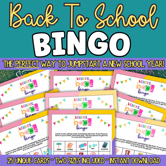 Welcome Back To School Bingo Game - Fun Activity To Start The New School Year!  Looking for a cute, colorful and fun activity for teachers, students and administrative alike? This adorable "Welcome Back To School" BINGO game from Party Prints Press is just what you need!   This printable game is fun for all ages and will keep everyone relaxed, entertained, and ready to gear up for a successful, fun, and productive school year. 