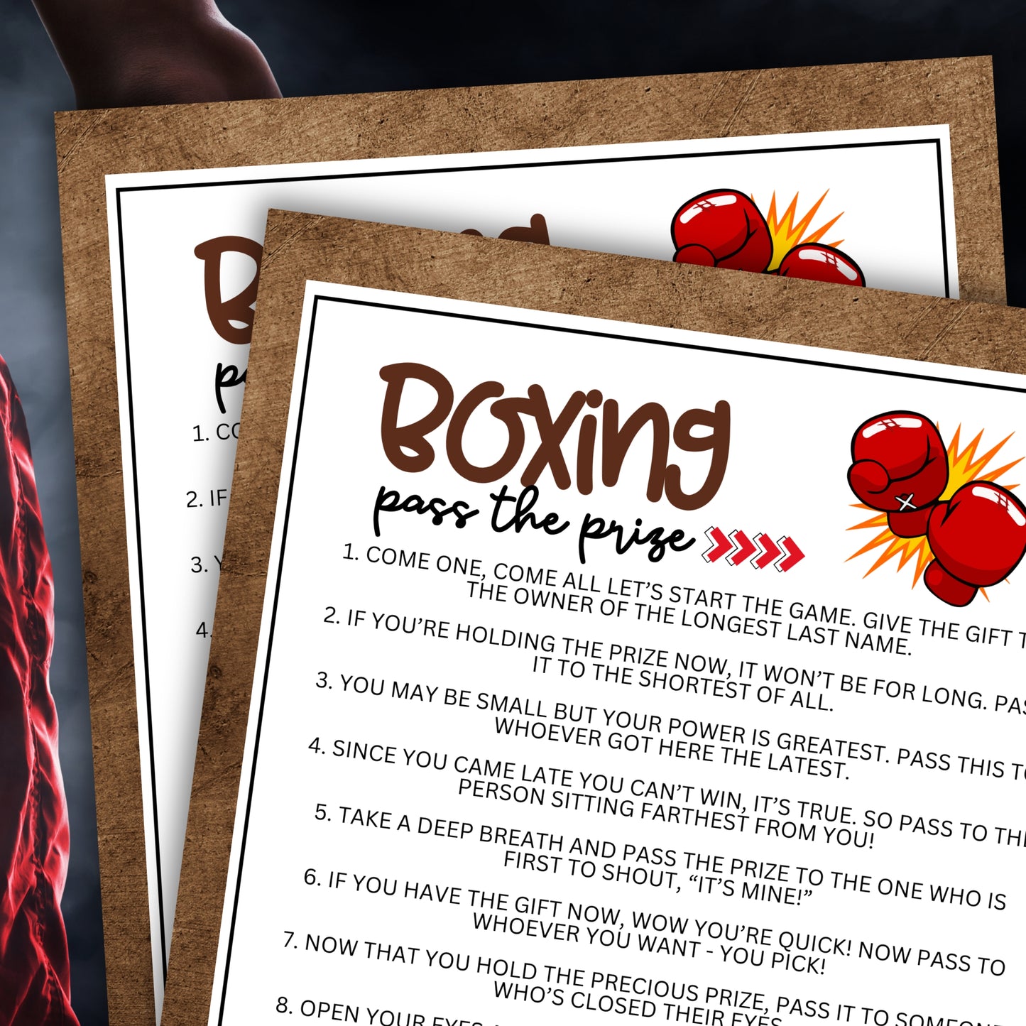 Are you seeking an electrifying and engaging activity to have your guests energized and having a great time at your boxing-themed party, boxing event, birthday bash, corporate team building, or any other lively gathering? Whether you've got kids, teens, adults, and even seniors in your gathering or group, this fun Pass The Prize game from Party Prints Press is just what you need!