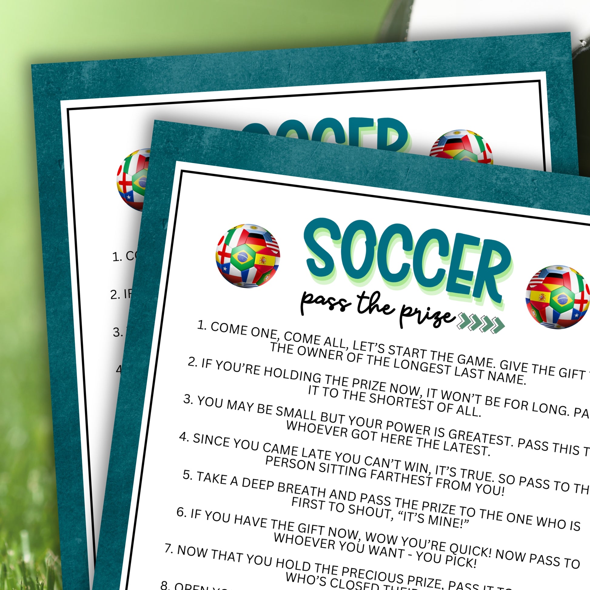 Are you seeking a fun and engaging activity to foster interaction and create a lively atmosphere at your soccer-themed celebration, soccer tournament, sports event, birthday party, or other soccer-related get-together?  Whether you've got kids, teens, adults, and even seniors in your gathering or group, this fun Pass The Prize game from Party Prints Press is just what you need! 