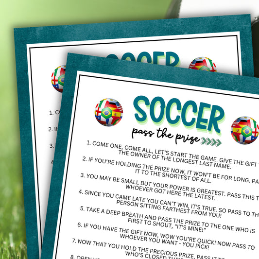 Are you seeking a fun and engaging activity to foster interaction and create a lively atmosphere at your soccer-themed celebration, soccer tournament, sports event, birthday party, or other soccer-related get-together?  Whether you've got kids, teens, adults, and even seniors in your gathering or group, this fun Pass The Prize game from Party Prints Press is just what you need! 