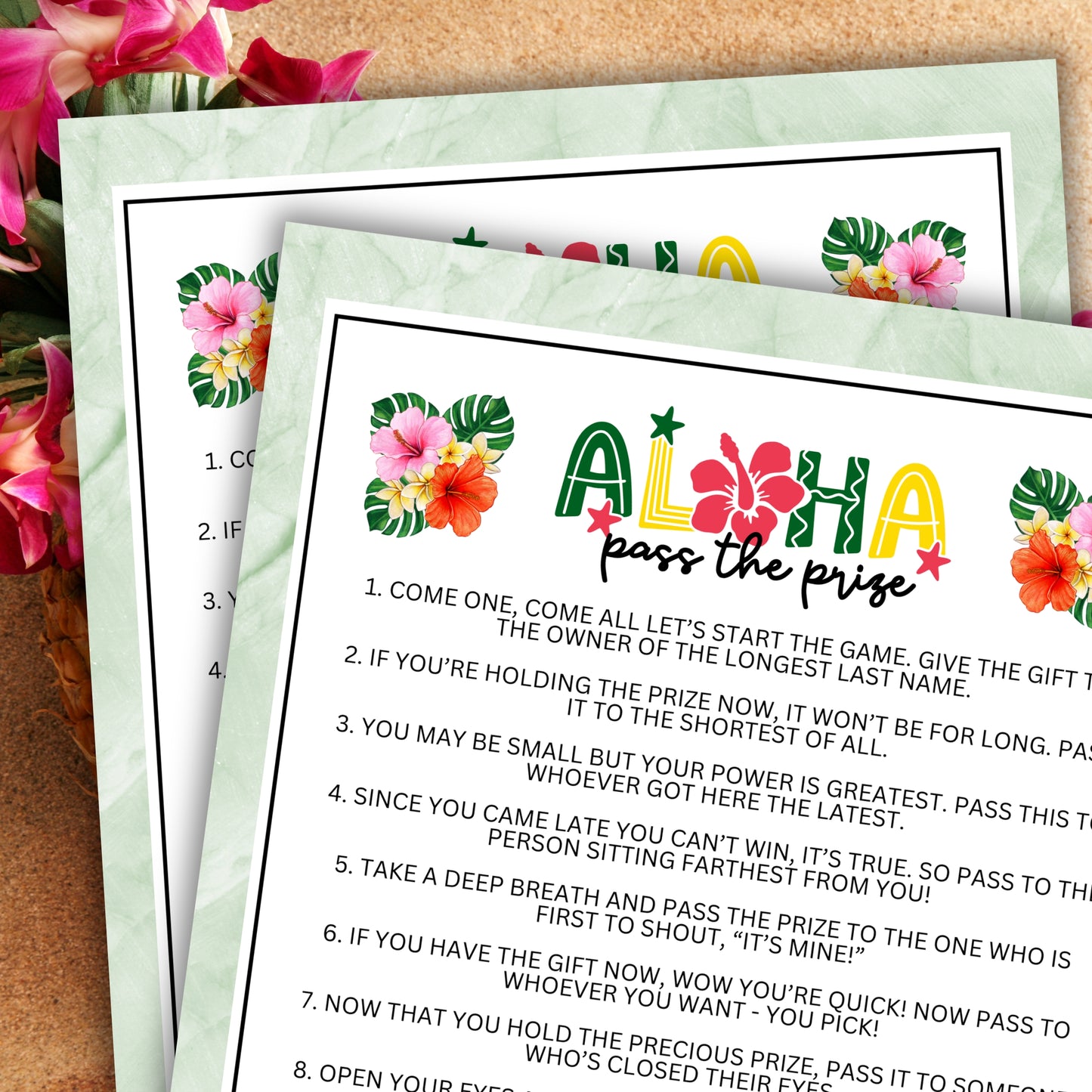 Are you seeking a fun and engaging activity to encourage guests to mix and mingle at your Hawaiian-themed Aloha event, tiki party, beach vacation, luau, birthday party, bachelorette or engagement party, or other fun summer gathering? Whether you've got kids, teens, adults, and even seniors in your gathering or group, this fun Pass The Prize game from Party Prints Press is just what you need! 
