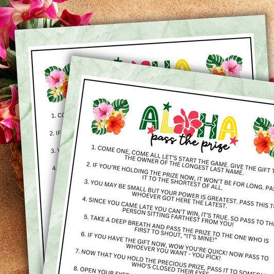 Are you seeking a fun and engaging activity to encourage guests to mix and mingle at your Hawaiian-themed Aloha event, tiki party, beach vacation, luau, birthday party, bachelorette or engagement party, or other fun summer gathering?   Whether you've got kids, teens, adults, and even seniors in your gathering or group, this fun Pass The Prize game from Party Prints Press is just what you need! 