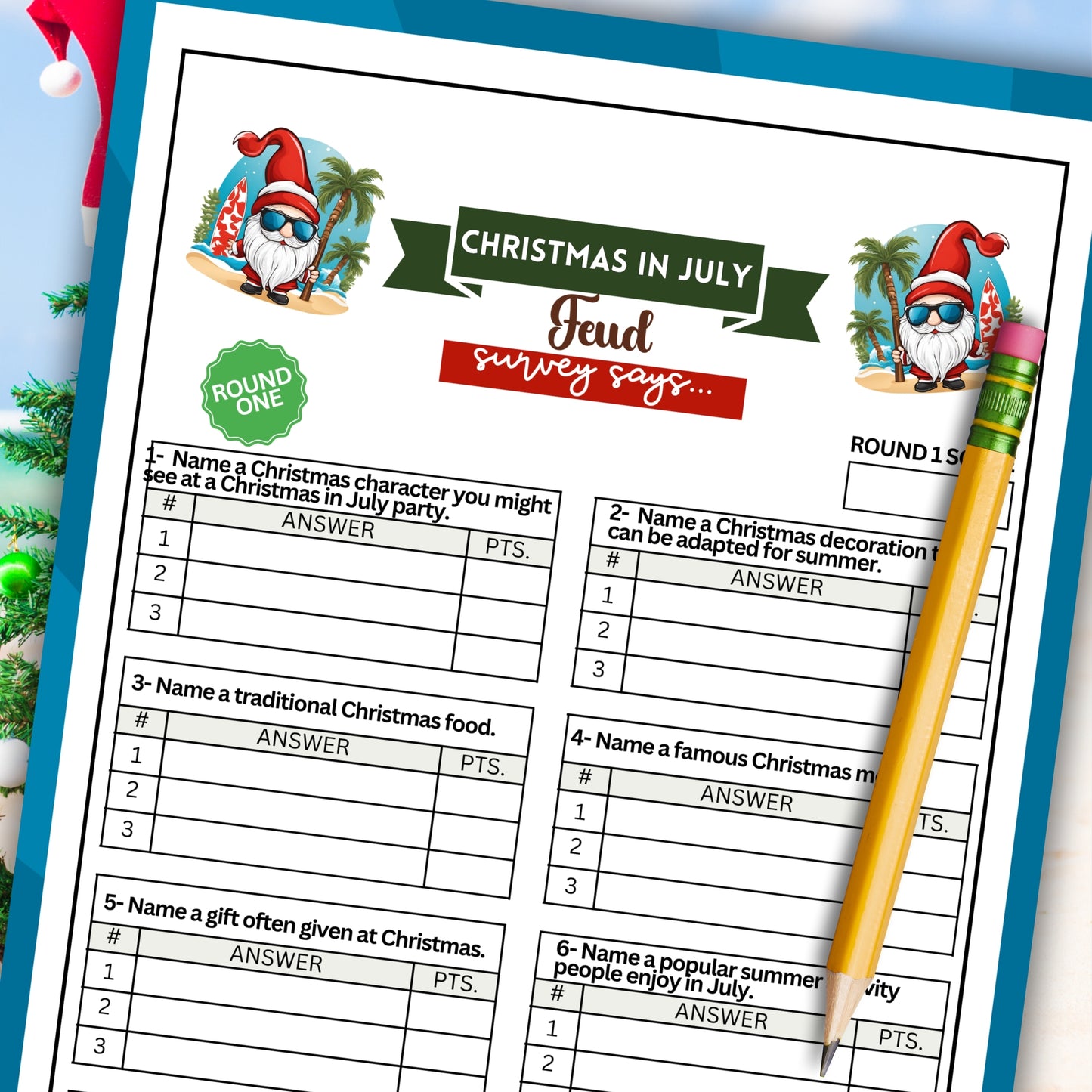 Get ready for some summer fun with Christmas in July Friendly Feud! This printable game is the perfect idea for your mid-year holiday celebrations.  Whether you're hosting a summer get-together or just looking for some fun with loved ones, this game is sure to be a big hit!
