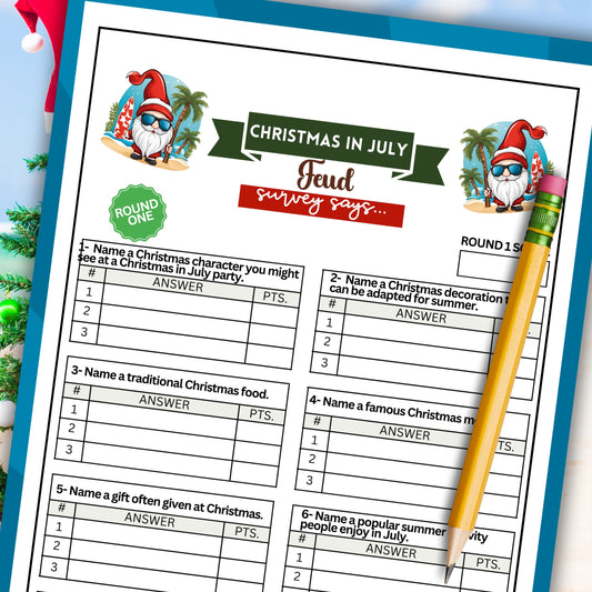 Get ready for some summer fun with Christmas in July Friendly Feud! This printable game is the perfect idea for your mid-year holiday celebrations.  Whether you're hosting a summer get-together or just looking for some fun with loved ones, this game is sure to be a big hit!