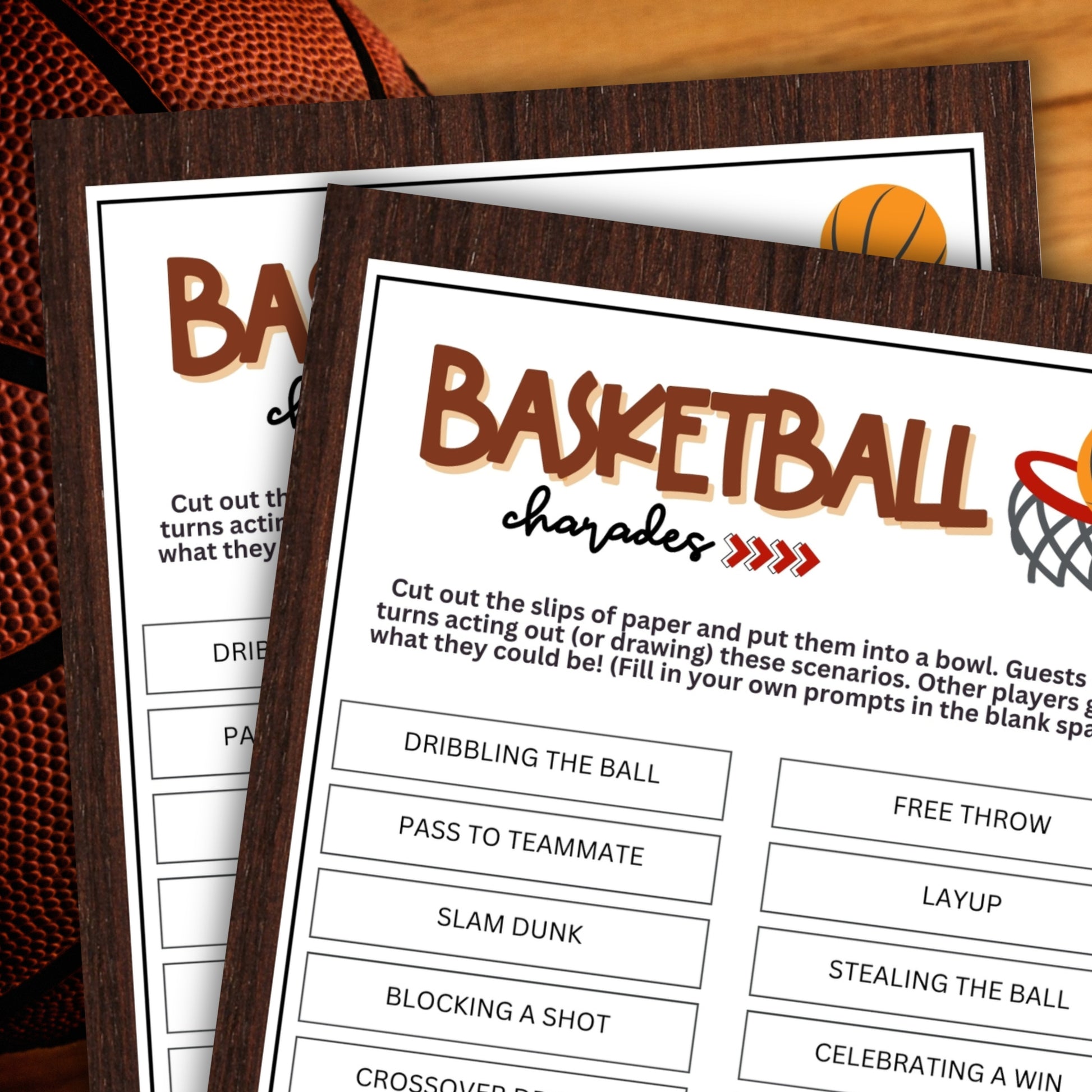 Looking for a fun and engaging activity to bring some excitement to your basketball-themed events? Look no further than this Basketball Charades game from Party Prints Press!   Perfect for games, practices, team bonding sessions, basketball camps, birthday parties, fan gatherings, youth leagues, and other basketball-related occasions, this printable charades game is a fantastic addition to your activities.