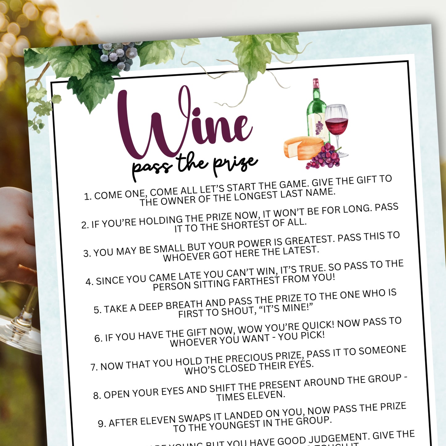 Are you seeking a fun and engaging activity to enjoy with friends at your upcoming alcohol-inspired event, dinner party, bachelor or bachelorette party or even just a pub crawl night on the town? If you need a fun last-minute idea to add to your celebrations, this fun Wine-Themed Pass The Prize game from Party Prints Press is just what you need! This game is a simple poem that you can read aloud to participants or print out a copy for each to read along!