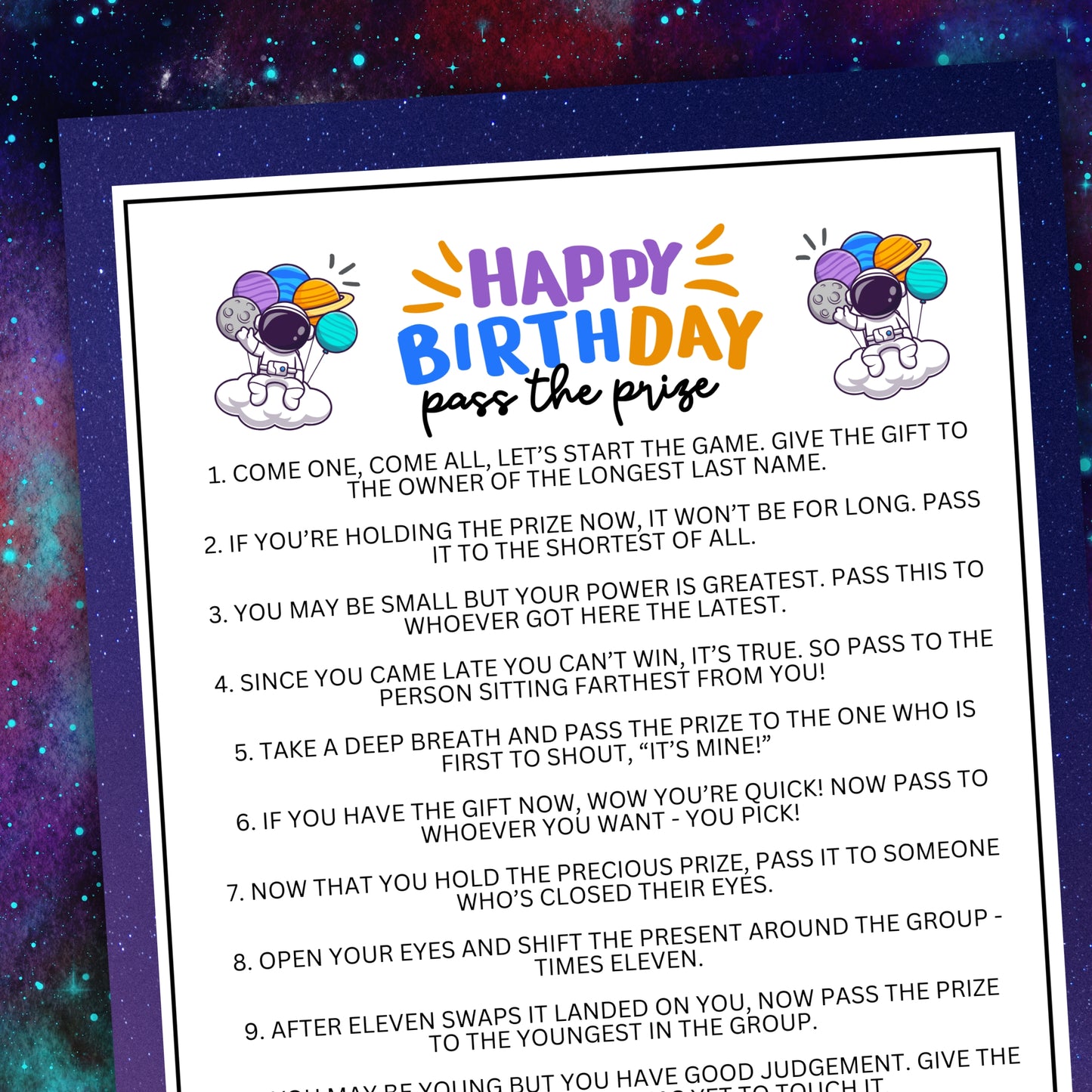 Looking for an exciting and engaging activity to keep the everyone entertained and engaged at your special boy's space-themed birthday celebration? Whether you've got kids, teens, adults, and even seniors in your gathering or group, this fun Pass The Prize game from Party Prints Press is just what you need!