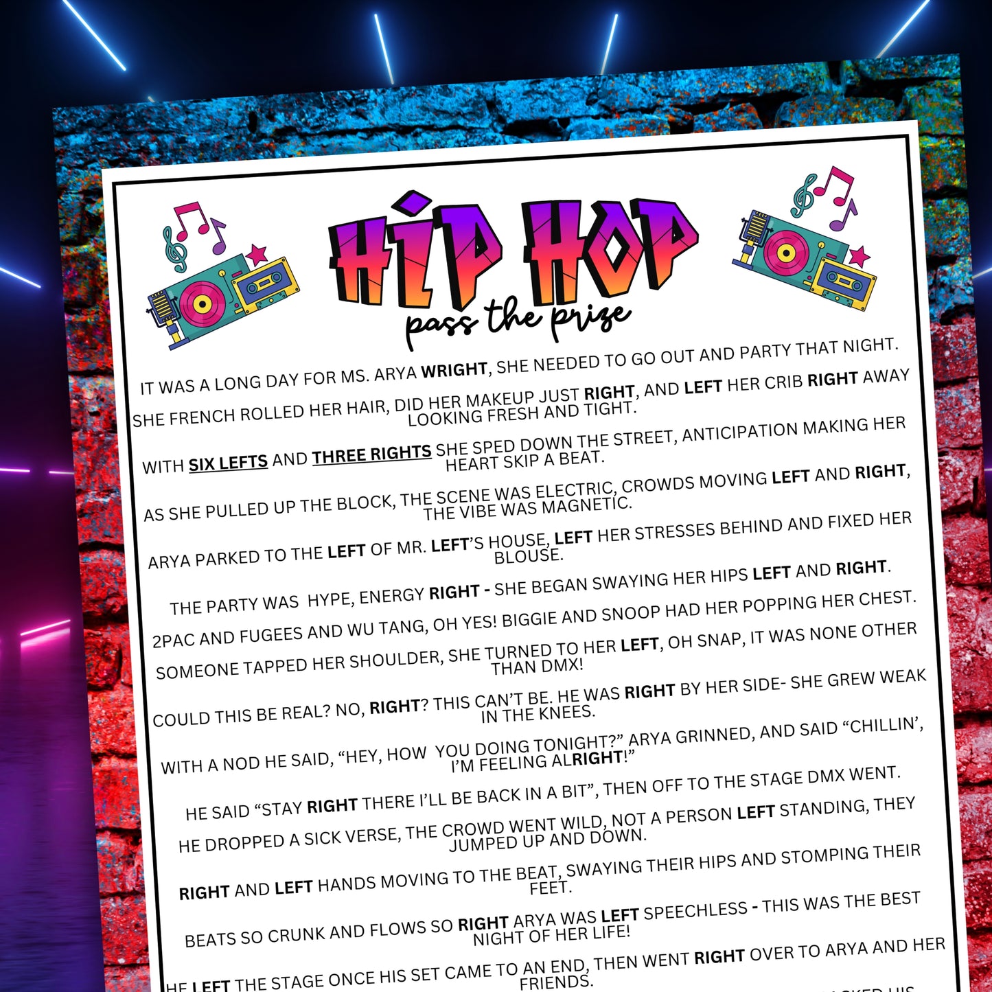 Looking for a blast of nostalgia and fun at your next block party or house party?
Whether you’re vibing with friends or family, our 90's Hip Hop Block Party Pass The Prize Left Right Game is a must-have!