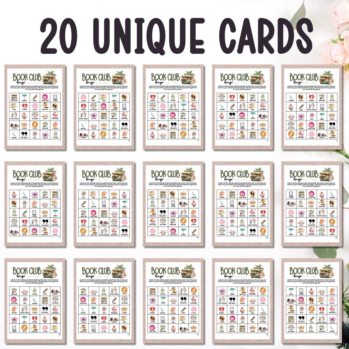 book club meeting bingo 20 cards