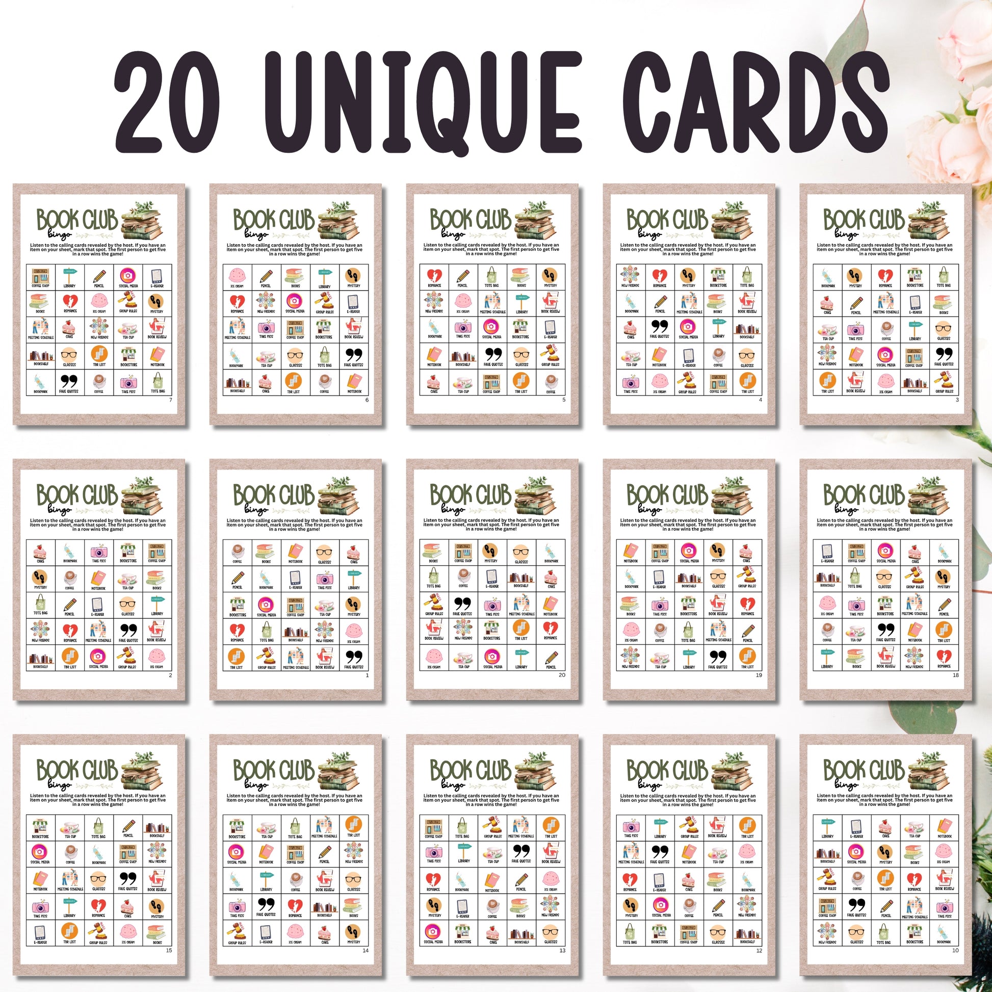 book club meeting bingo 20 cards