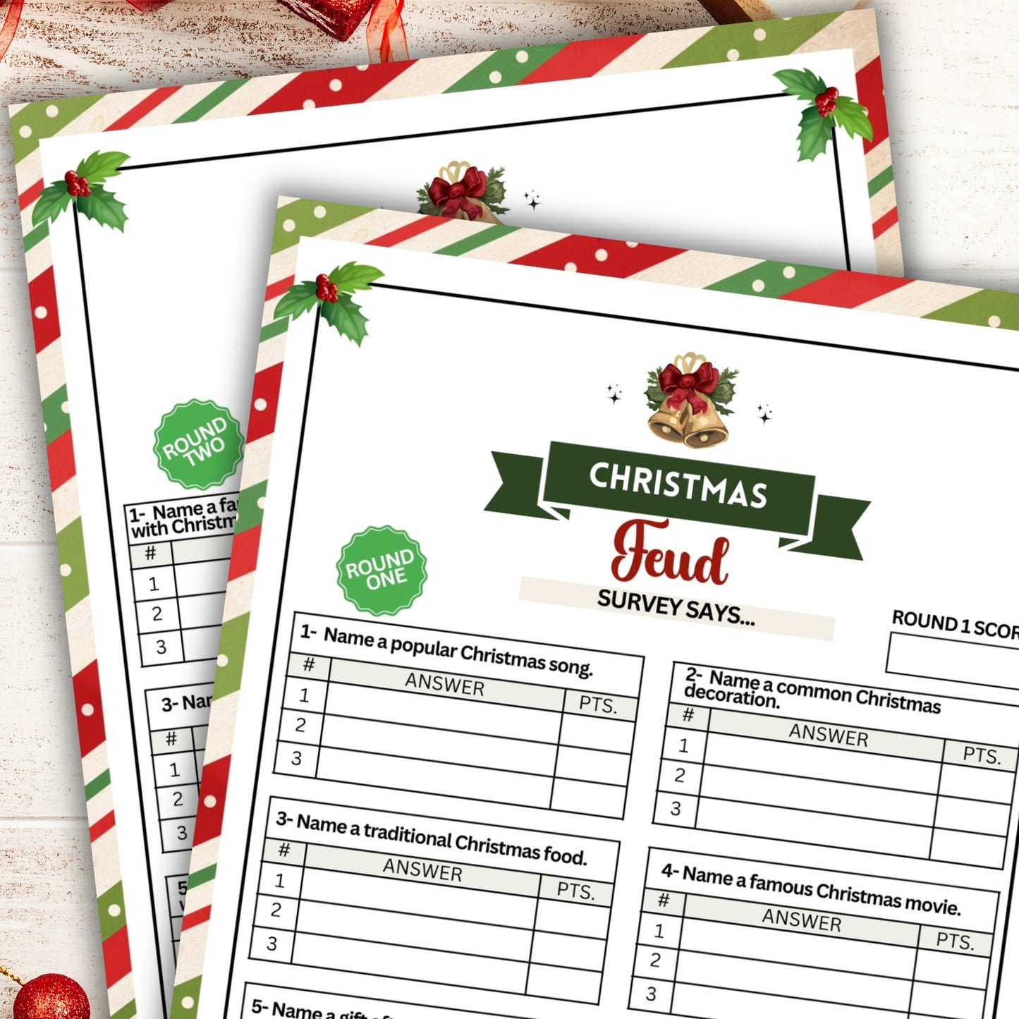 Christmas Friendly Feud - Festive Fun for Your Holiday Celebration! This printable Christmas Friendly Feud game is the perfect last-minute idea for your holiday festivities! Whether you're hosting a family gathering or just looking for something fun to do with loved ones, this game is sure to be a big hit.