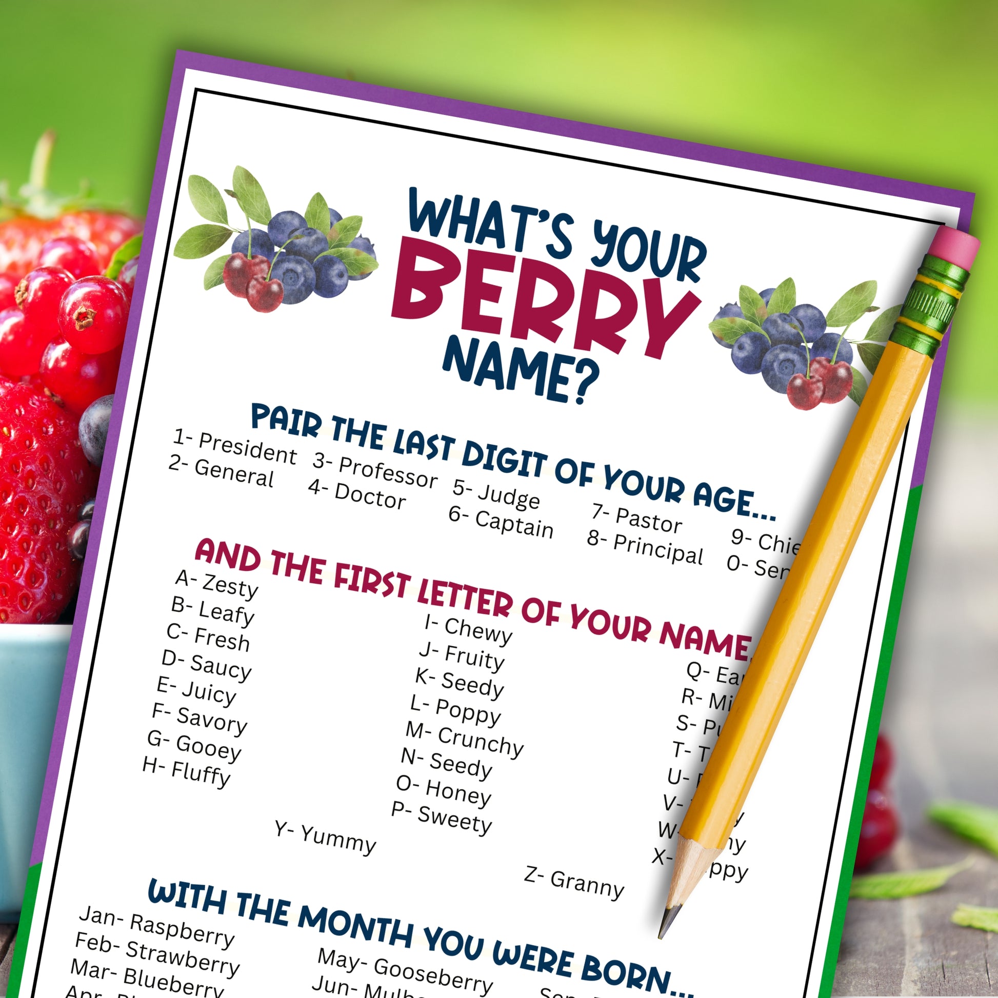 Whether you're celebrating your little one's berry 1st birthday party, hosting a baby shower, or need a cute and fun icebreaker party game to bring people together, this "What's Your Berry Name" printable game from Party Prints Press is just what you need!