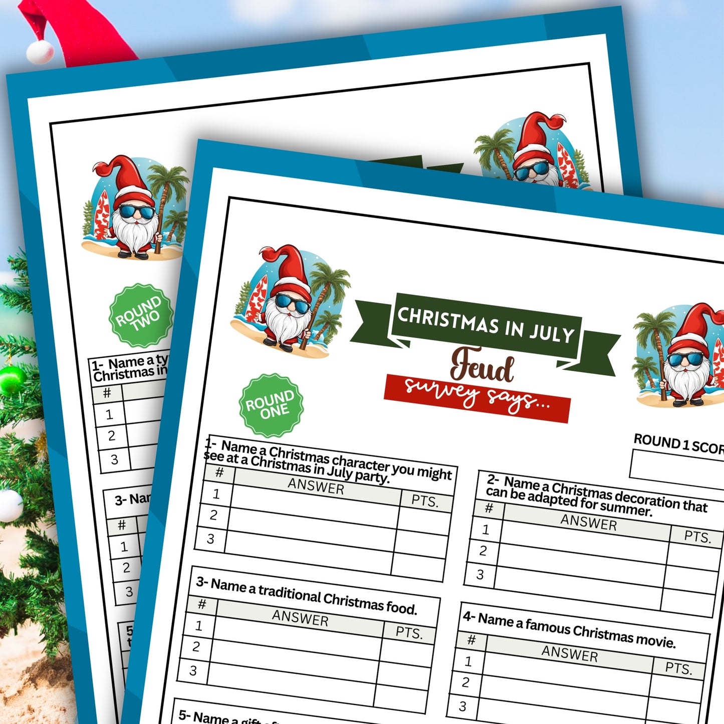 Get ready for some summer fun with Christmas in July Friendly Feud! This printable game is the perfect idea for your mid-year holiday celebrations.  Whether you're hosting a summer get-together or just looking for some fun with loved ones, this game is sure to be a big hit!