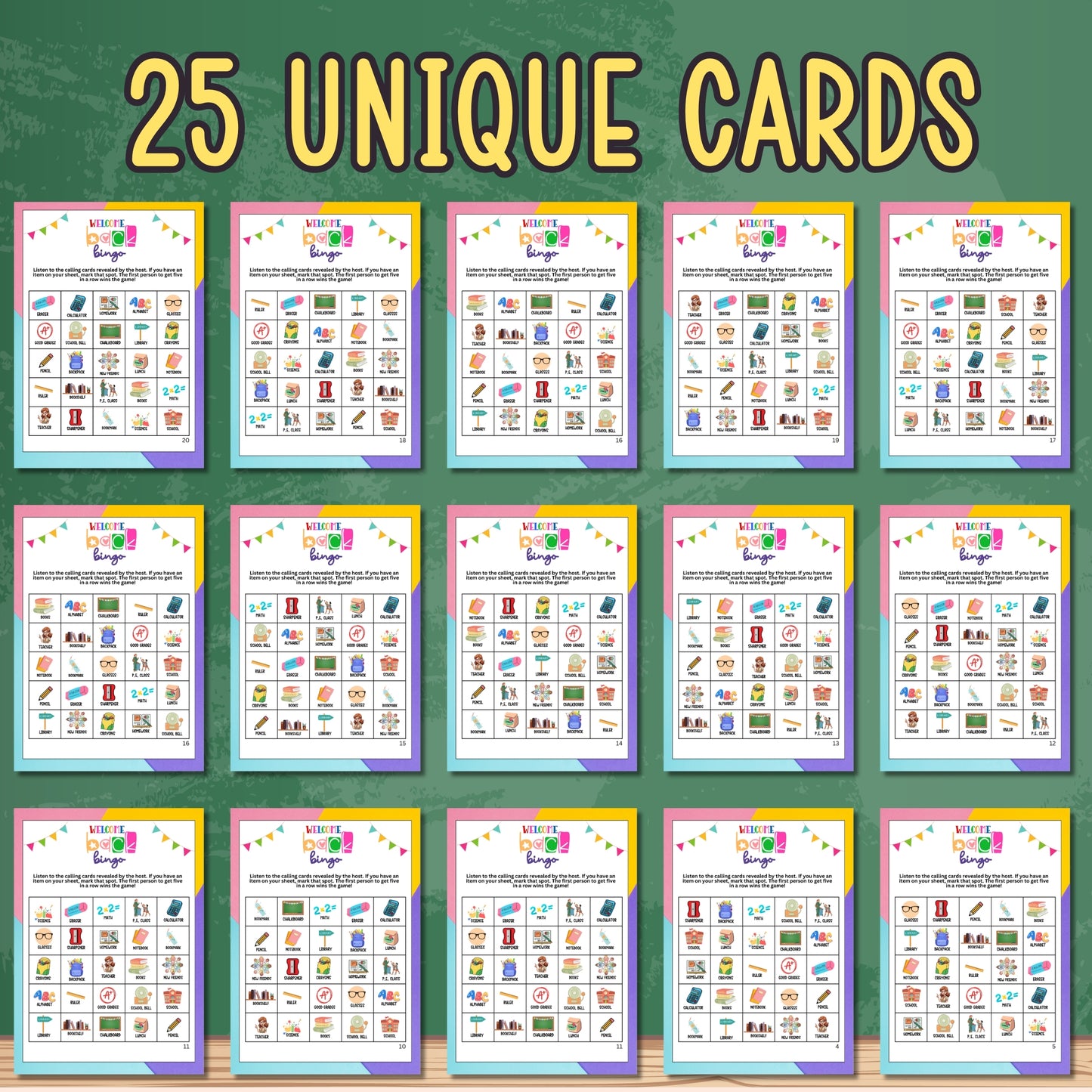 Welcome Back To School Bingo Game - Fun Activity To Start The New School Year! Looking for a cute, colorful and fun activity for teachers, students and administrative alike? This adorable "Welcome Back To School" BINGO game from Party Prints Press is just what you need! This printable game is fun for all ages and will keep everyone relaxed, entertained, and ready to gear up for a successful, fun, and productive school year. 