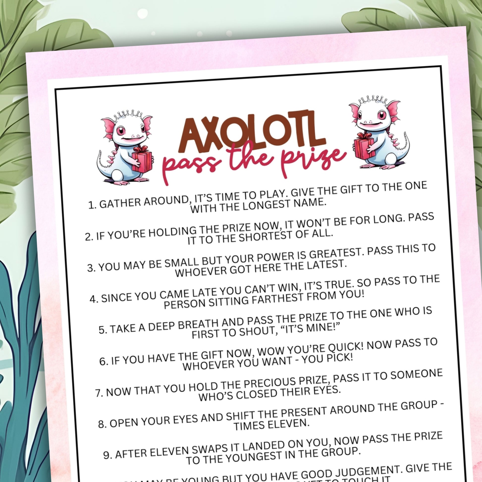 Axolotl Birthday Party Pass The Prize Left Right Printable Game Fun For All Ages