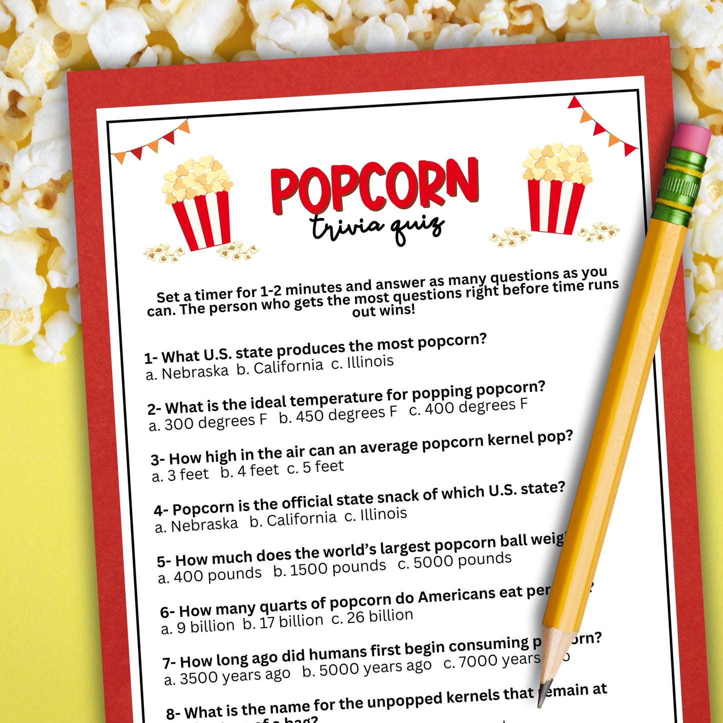 Are you looking for a unique and entertaining activity to add to your upcoming popcorn-themed birthday party, bridal shower, baby shower, fundraiser, office party, or other fun event? If you need a last-minute idea to liven up your celebrations, this exciting Popcorn-Themed Trivia game from Party Prints Press is the perfect addition to your popcorn party or popcorn bar theme!