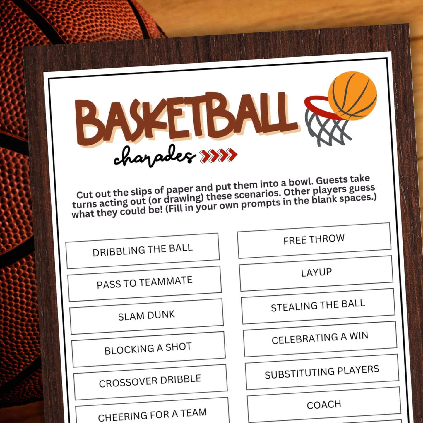 Looking for a fun and engaging activity to bring some excitement to your basketball-themed events? Look no further than this Basketball Charades game from Party Prints Press! Perfect for games, practices, team bonding sessions, basketball camps, birthday parties, fan gatherings, youth leagues, and other basketball-related occasions, this printable charades game is a fantastic addition to your activities.