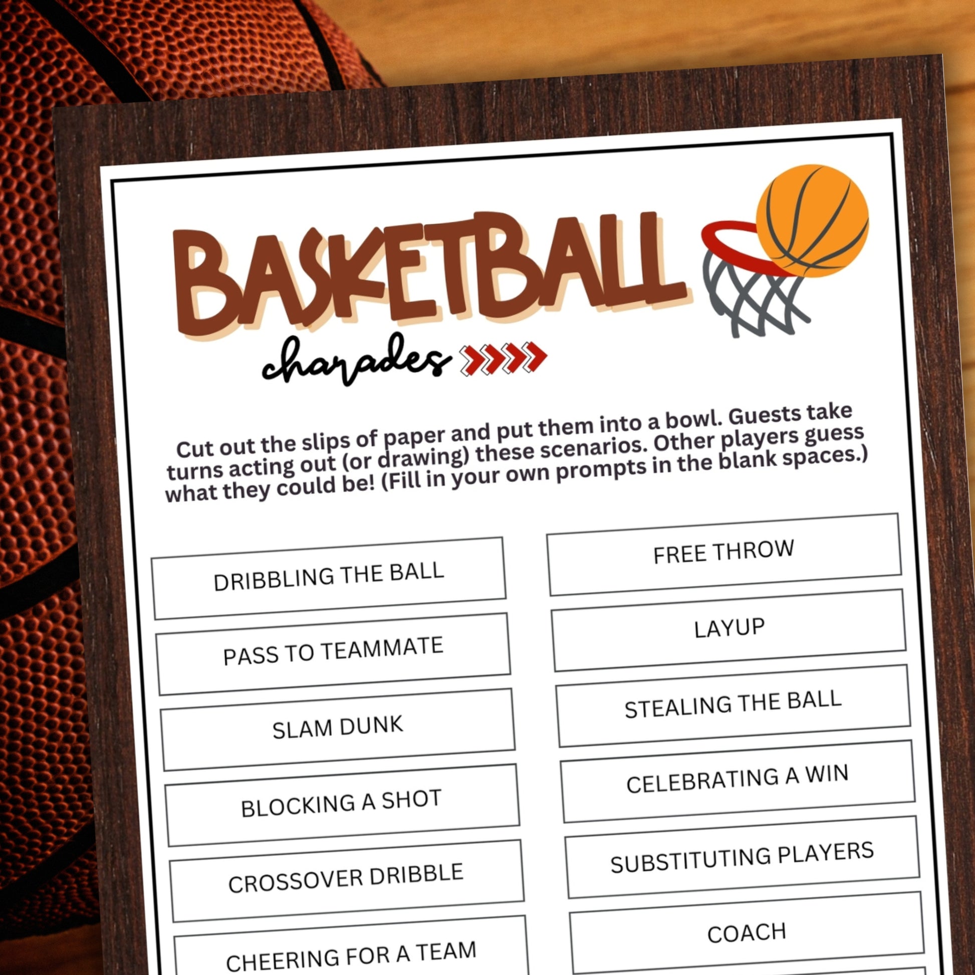 Looking for a fun and engaging activity to bring some excitement to your basketball-themed events? Look no further than this Basketball Charades game from Party Prints Press!   Perfect for games, practices, team bonding sessions, basketball camps, birthday parties, fan gatherings, youth leagues, and other basketball-related occasions, this printable charades game is a fantastic addition to your activities.