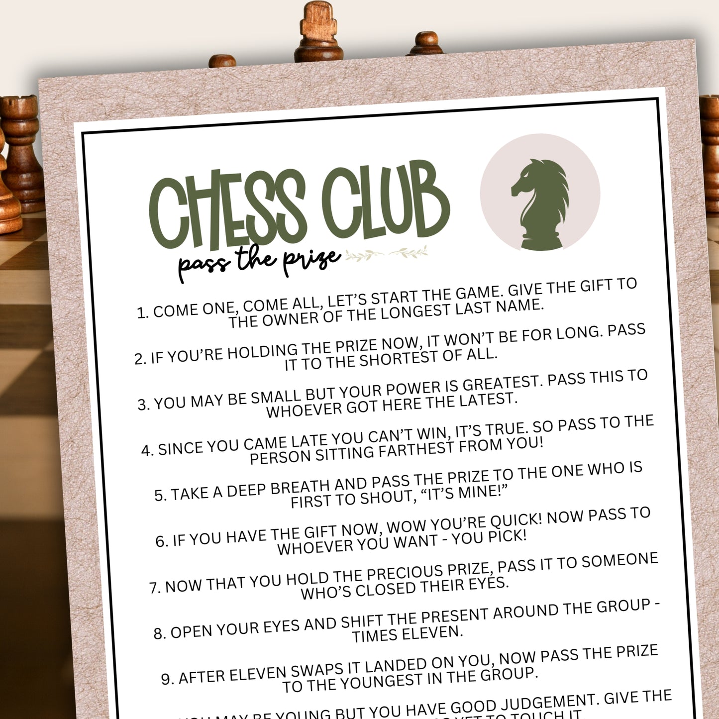 Are you seeking a fun and engaging activity to play with your friends or group members at your next chess club meetup, party, or gathering? Whether you've got kids, teens, adults, and even seniors in your gathering or group, this fun Pass The Prize game from Party Prints Press is just what you need! This game is a simple poem that you can read aloud to participants or print out a copy for each to read along!