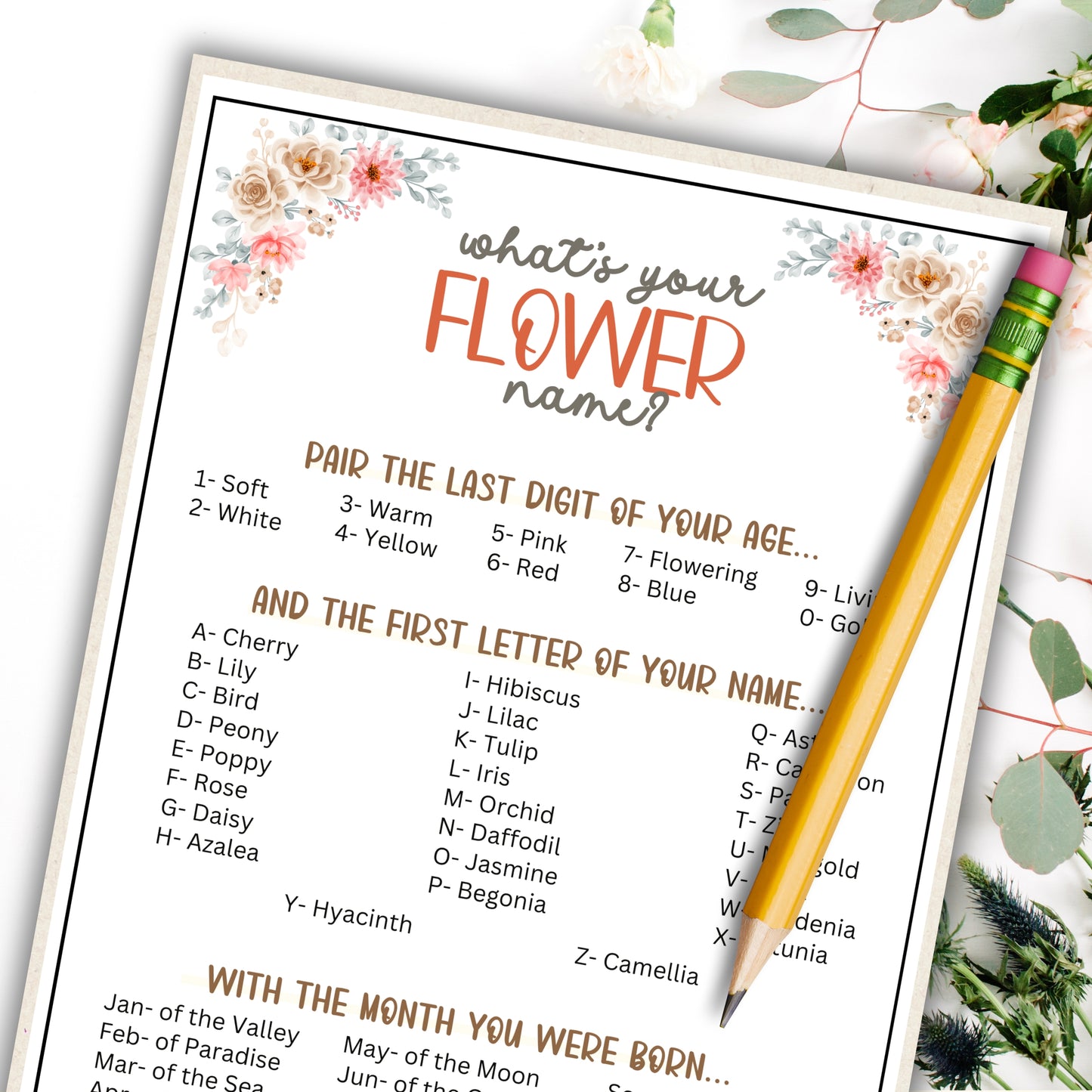 Whether you're celebrating your little one's 1st birthday party, hosting a baby shower, gender reveal, garden party, or need a cute and fun icebreaker party game to bring people together, this "What's Your Flower Name" printable game from Party Prints Press is just what you need!