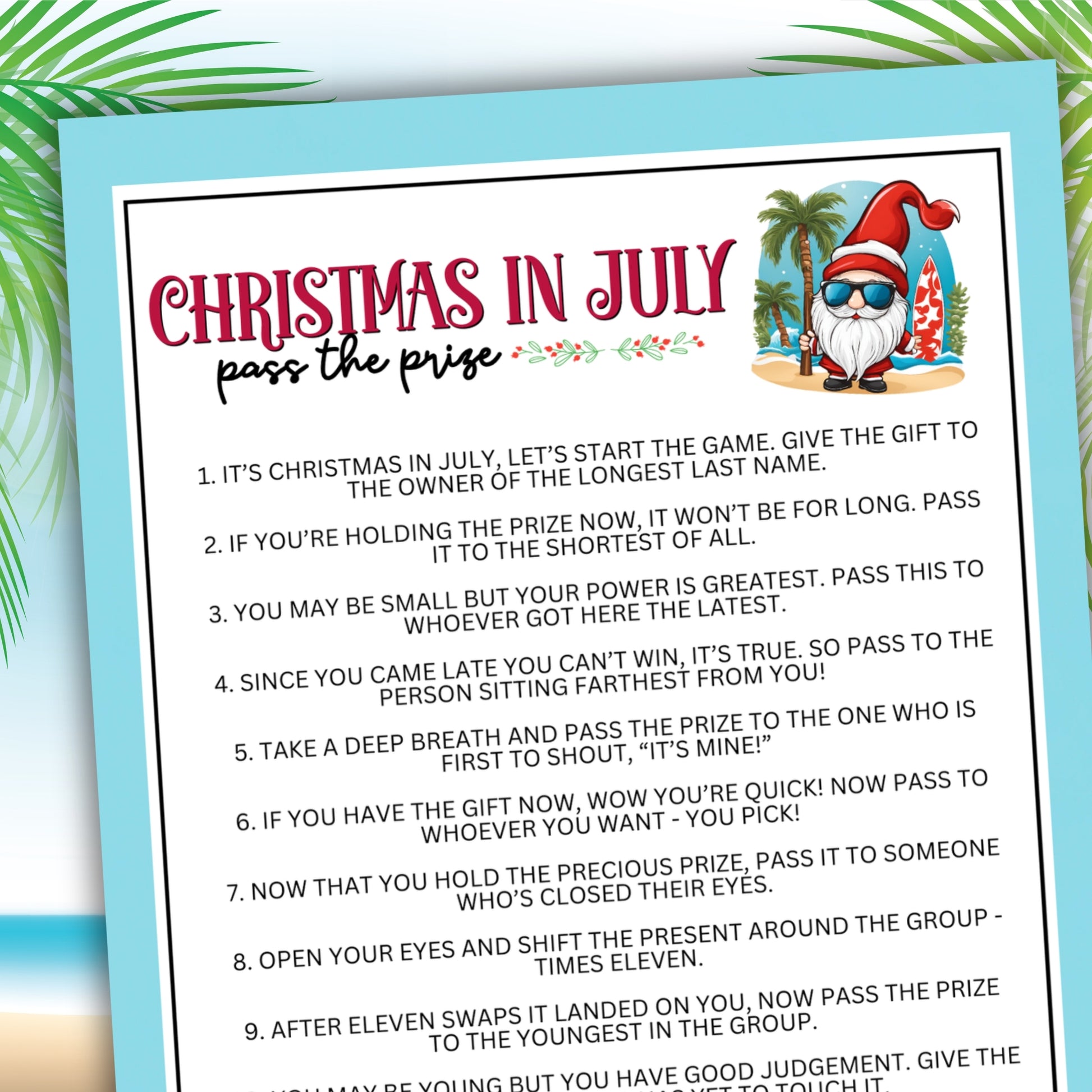 Christmas in July Pass The Prize Left Right Game - Fun For Everyone!  Are you seeking a fun and engaging activity to celebrate Christmas in July with friends, family, or coworkers?  Whether you've got kids, teens, adults, and even seniors in your gathering or group, this fun Pass The Prize game from Party Prints Press is just what you need!