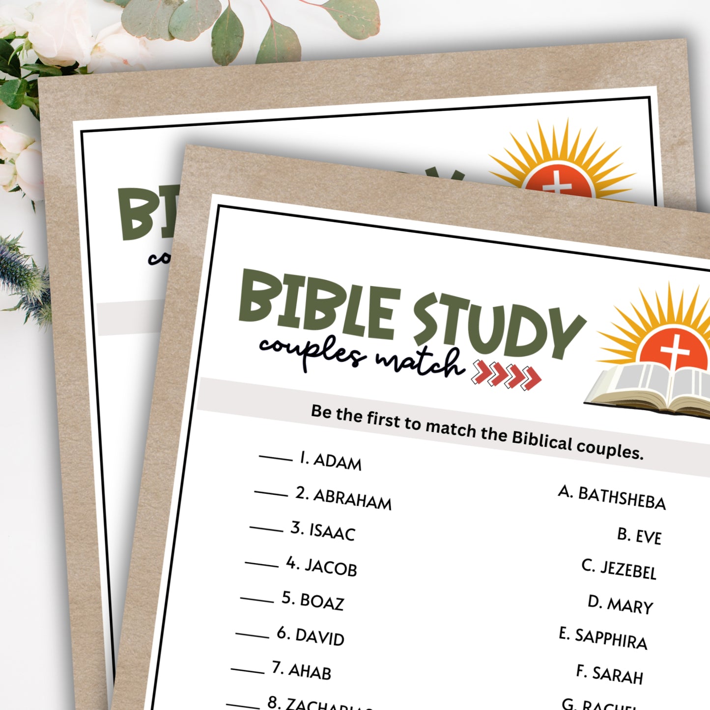 Looking for a fun game to play at your next Bible Study session, church fellowship meeting, ladies' luncheon, women's ministry retreat, or other faith-filled celebration? This "Famous Couples In The Bible" trivia game from Party Prints Press is just what you need!