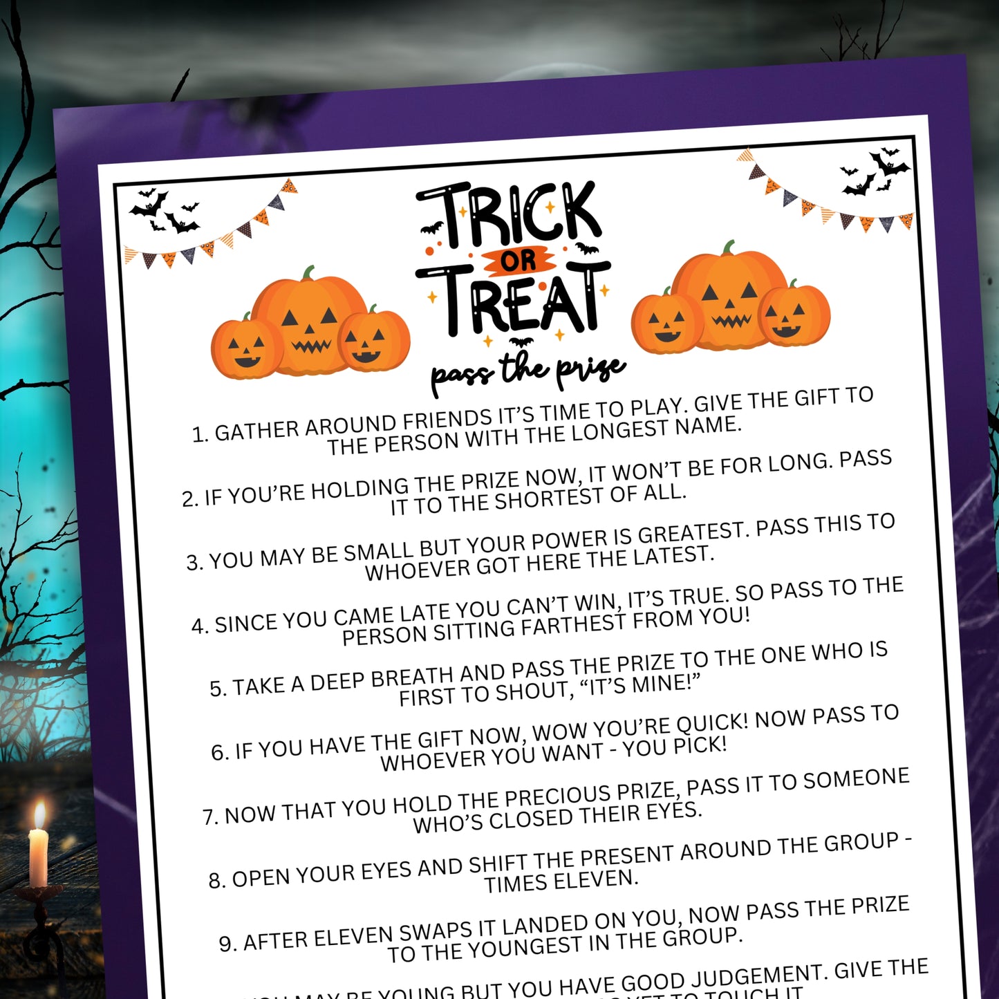 Are you seeking a fun and engaging activity to celebrate Halloween this year? Whether you've got kids, teens, adults, and even seniors in your gathering or group, this fun "Trick or Treat" Pass The Prize game from Party Prints Press is just what you need! This game is a simple poem that you can read aloud to participants or print out a copy for each to read along!