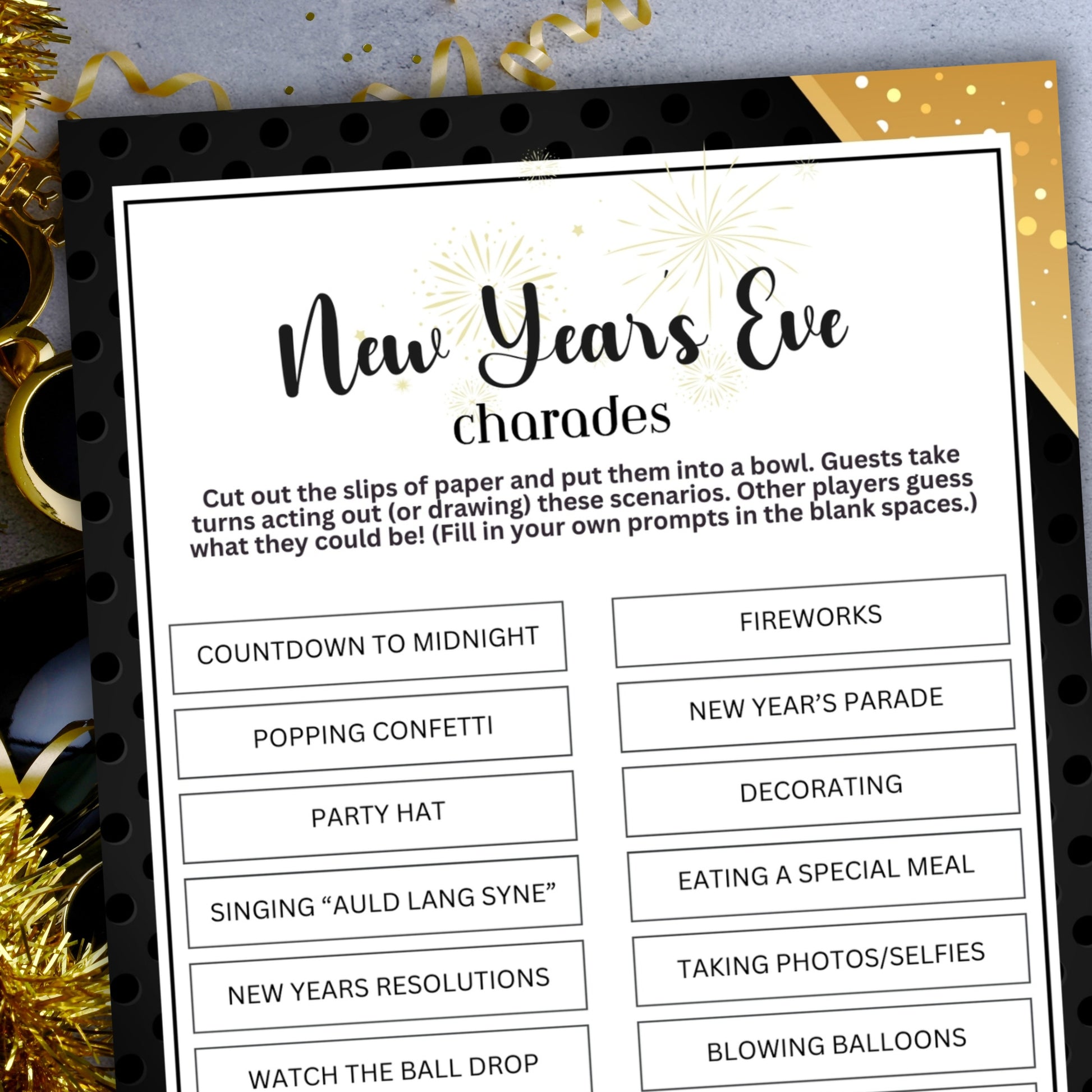 Looking for a lively activity to add some fun to your New Year's Eve gathering? Look no further than this New Year's Eve Charades game from Party Prints Press!