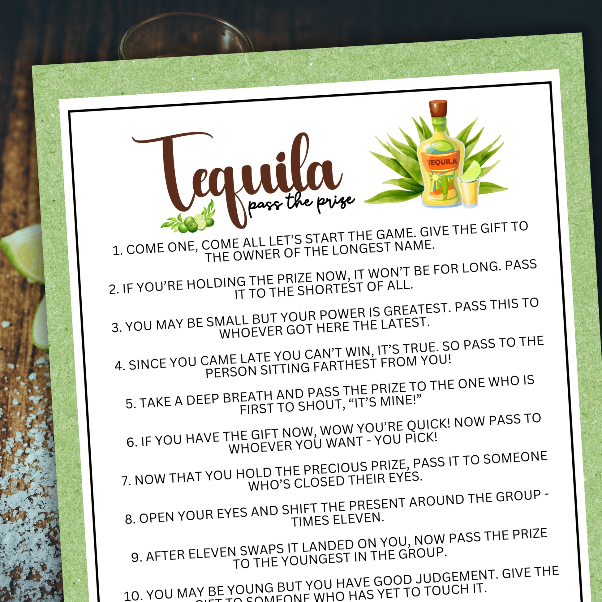 Are you seeking a fun and engaging activity to enjoy with friends at your upcoming alcohol-inspired event, dinner party, bachelor or bachelorette party or even just a pub crawl night on the town?   If you need a fun last-minute idea to add to your celebrations, this fun Tequila-Themed Pass The Prize game from Party Prints Press is just what you need!   This game is a simple poem that you can read aloud to participants or print out a copy for each to read along!