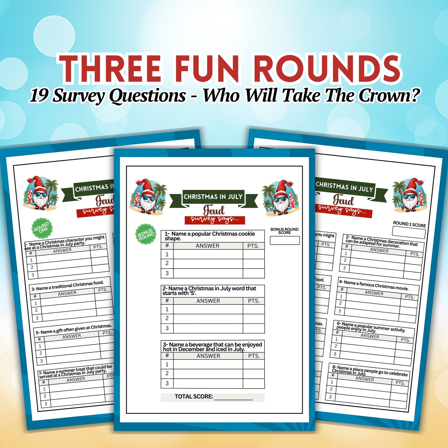 Get ready for some summer fun with Christmas in July Friendly Feud! This printable game is the perfect idea for your mid-year holiday celebrations.  Whether you're hosting a summer get-together or just looking for some fun with loved ones, this game is sure to be a big hit!