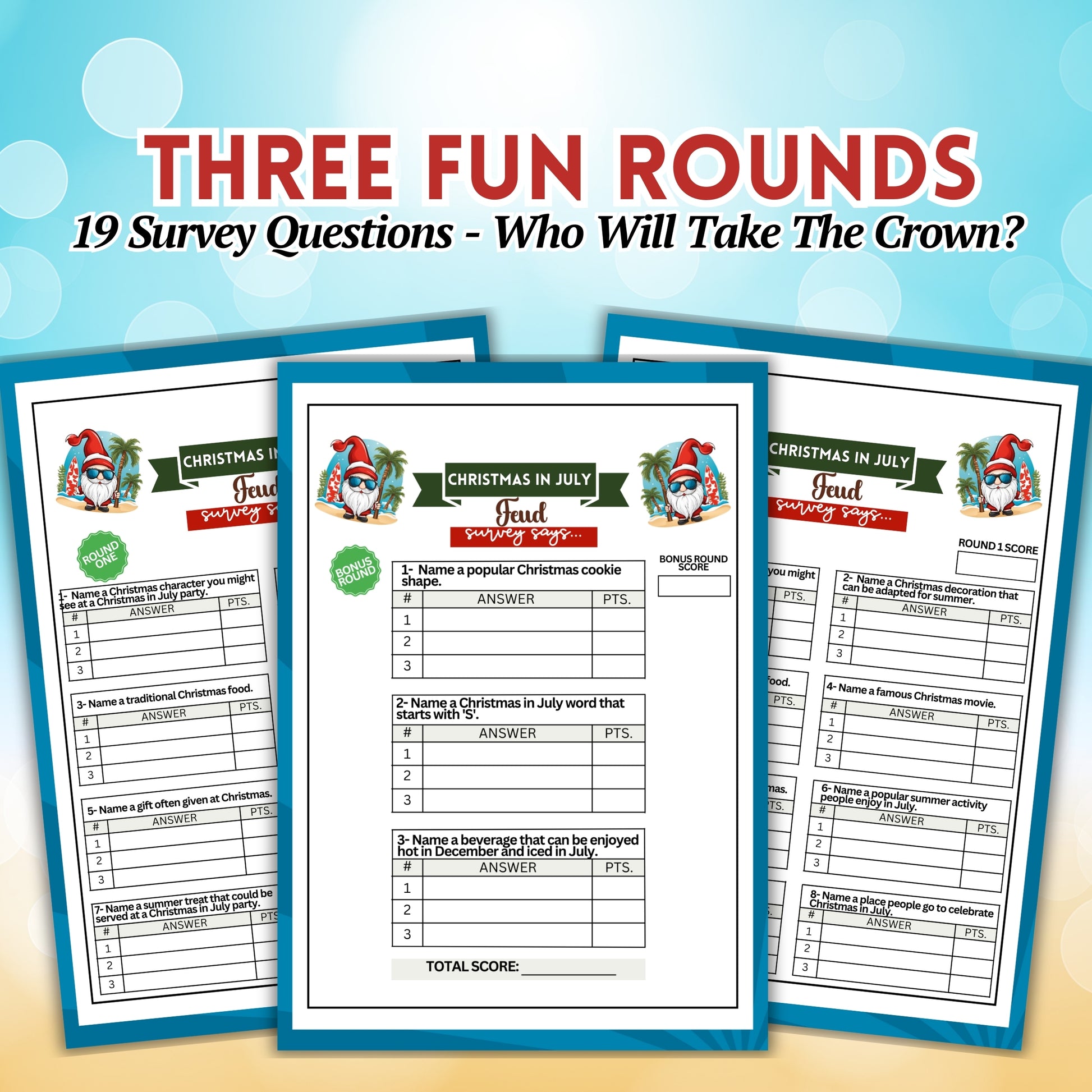 Get ready for some summer fun with Christmas in July Friendly Feud! This printable game is the perfect idea for your mid-year holiday celebrations.  Whether you're hosting a summer get-together or just looking for some fun with loved ones, this game is sure to be a big hit!