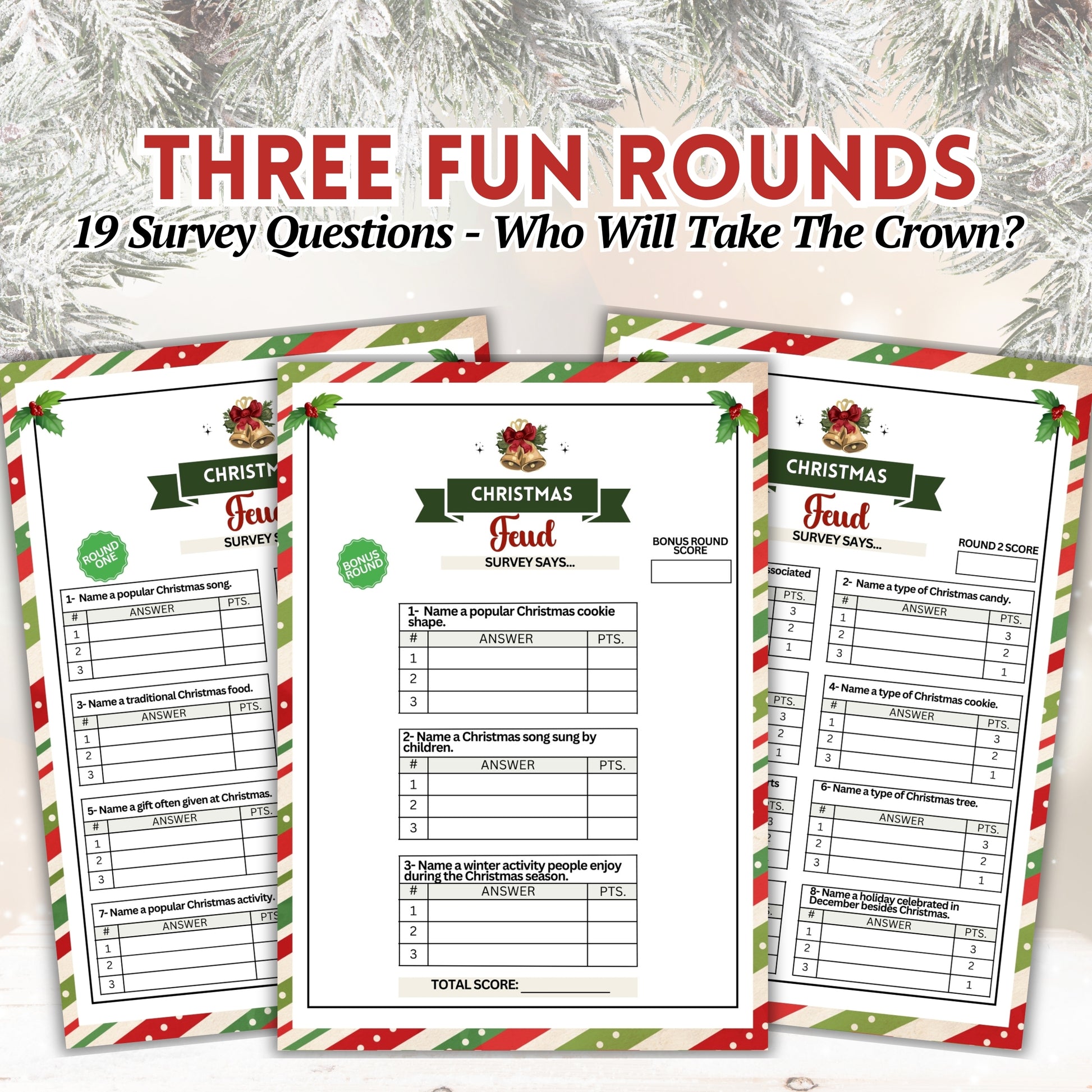 Christmas Friendly Feud - Festive Fun for Your Holiday Celebration!  This printable Christmas Friendly Feud game is the perfect last-minute idea for your holiday festivities!  Whether you're hosting a family gathering or just looking for something fun to do with loved ones, this game is sure to be a big hit.
