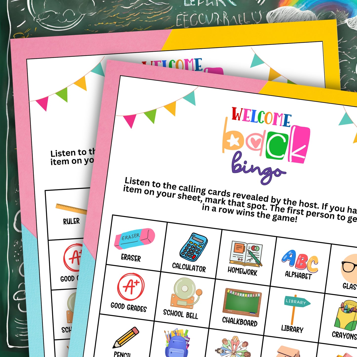 Welcome Back To School Bingo Game - Fun Activity To Start The New School Year! Looking for a cute, colorful and fun activity for teachers, students and administrative alike? This adorable "Welcome Back To School" BINGO game from Party Prints Press is just what you need! This printable game is fun for all ages and will keep everyone relaxed, entertained, and ready to gear up for a successful, fun, and productive school year. 