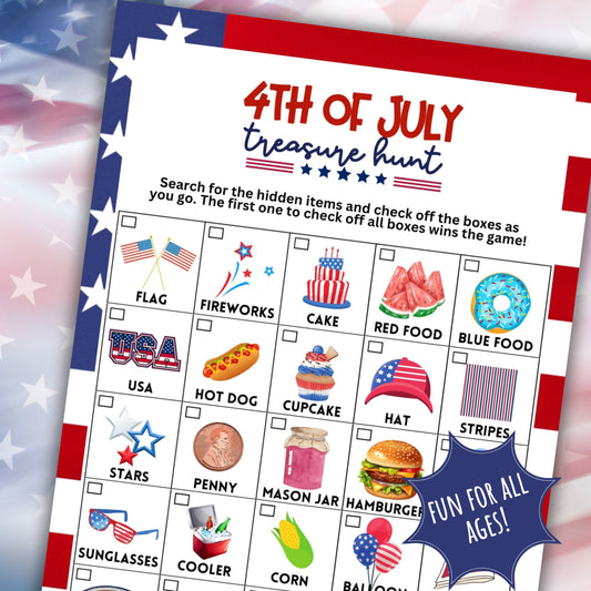 4th of July Treasure Hunt Game For Tweens Kids Adults Teens Seniors Independence Day Scavenger Search Patriot USA Printable Party Game
