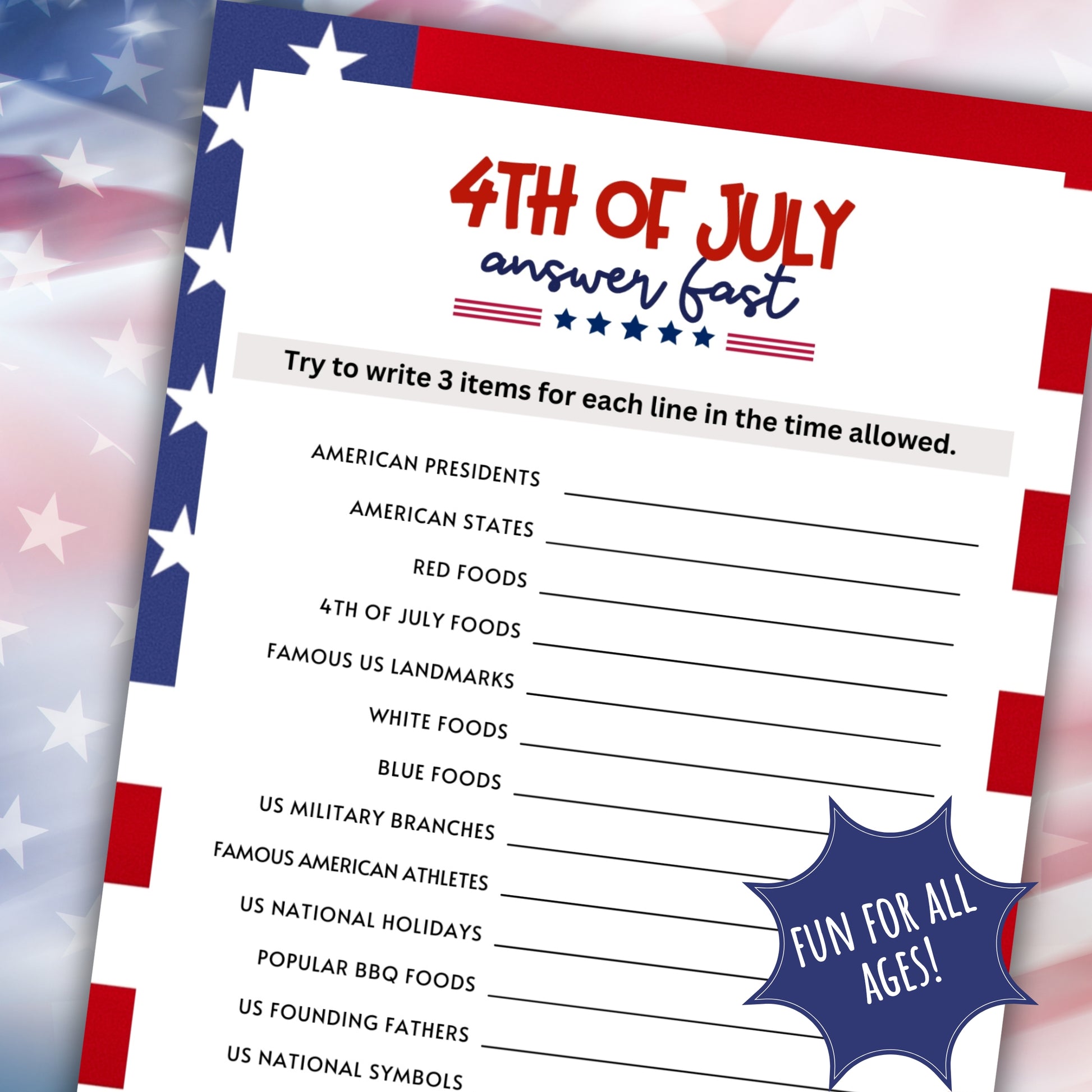 4th of July Answer Fast Word Game For Family Fun Think Quick American Patriot Independence Day USA Summer Outdoor Indoor Party Activity