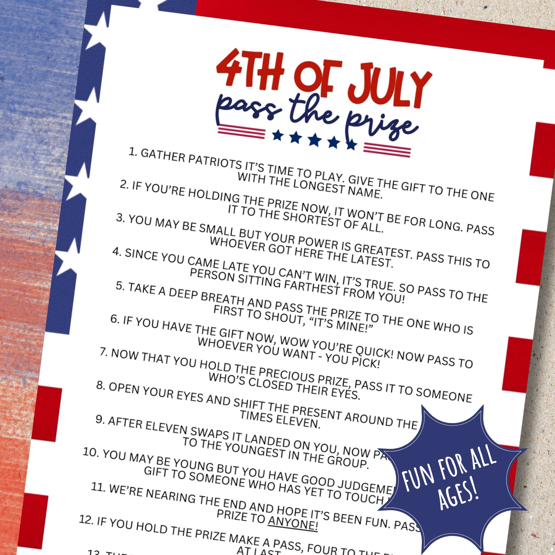 Are you seeking a fun and engaging activity to play with your friends, family or coworkers for the fourth of July?  Whether you've got kids, teens, adults, and even seniors in your gathering or group, this fun Pass The Prize game from Party Prints Press is just what you need to make your Independence Day one to remember!