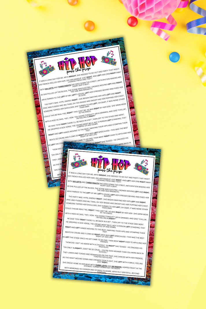 Looking for a blast of nostalgia and fun at your next block party or house party?
Whether you’re vibing with friends or family, our 90's Hip Hop Block Party Pass The Prize Left Right Game is a must-have!