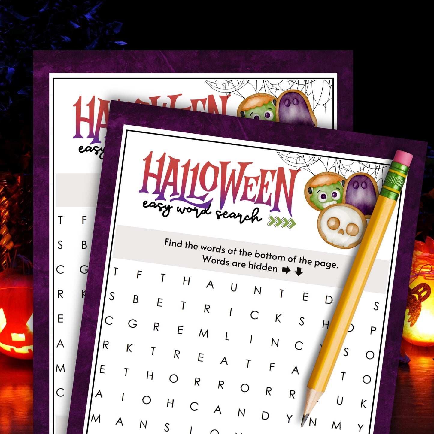 This super-simple word search is perfect for younger kids and teenagers or adults who want to casually enjoy a cute and fun game at any Halloween-themed party or event! 