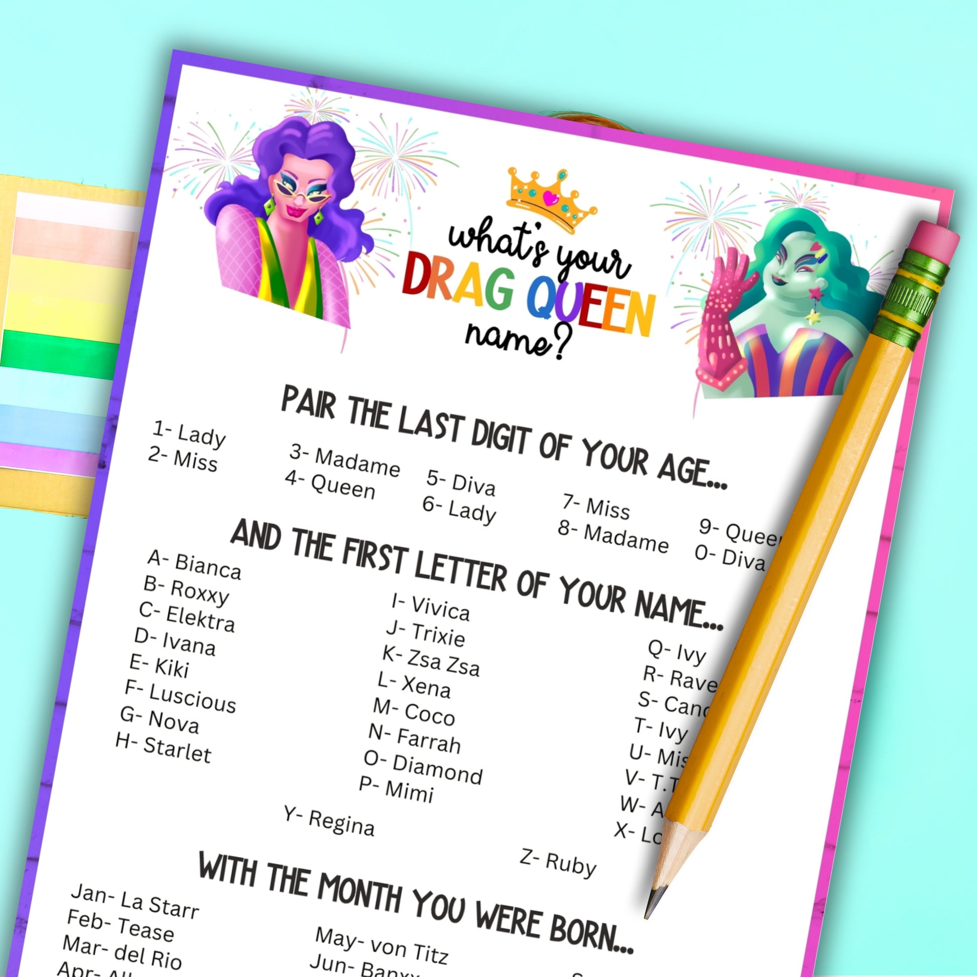 What's Your Drag Queen Name Game Generator With Name Tags For LGBT Pride Party Or Parade With Queer Gay Lesbian Trans Bi Asexual Adults