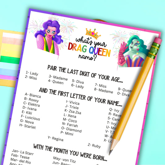 What's Your Drag Queen Name Game Generator With Name Tags For LGBT Pride Party Or Parade With Queer Gay Lesbian Trans Bi Asexual Adults