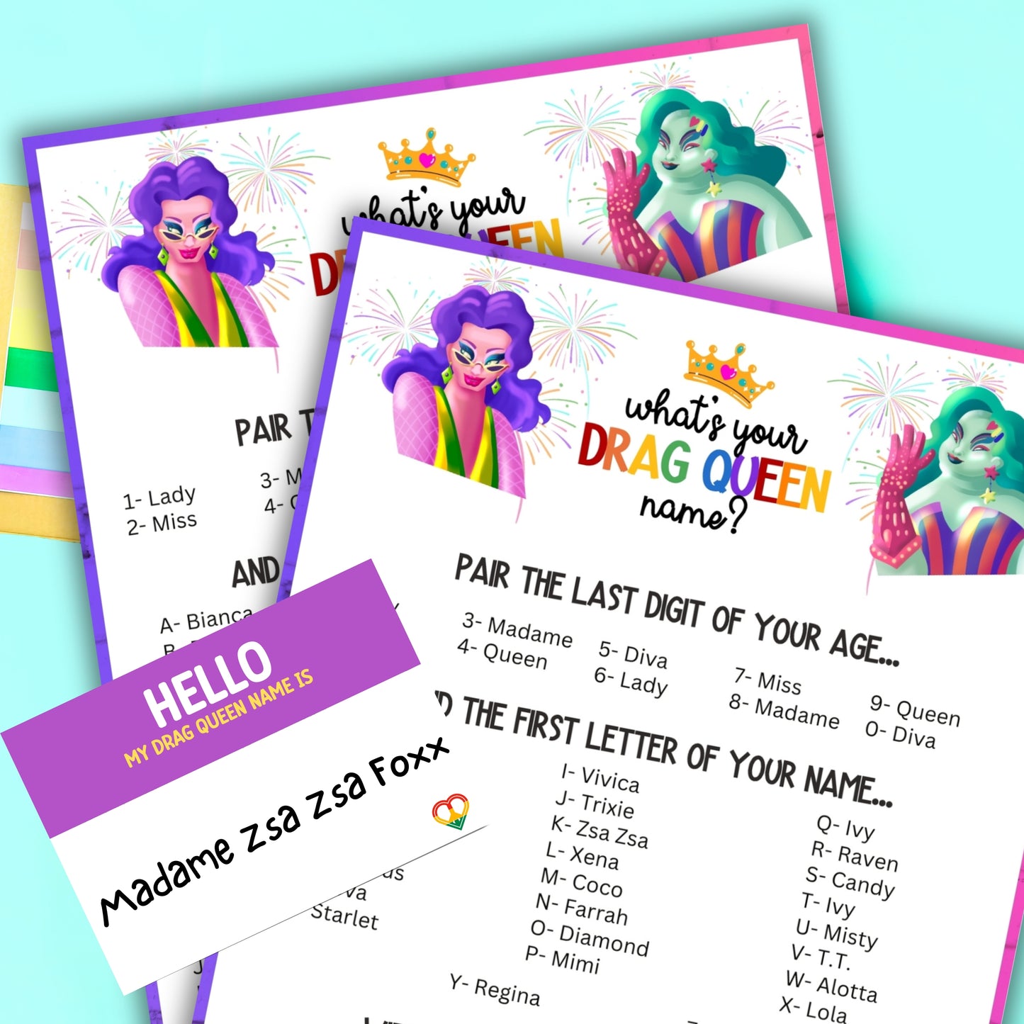 What's Your Drag Queen Name Game Generator With Name Tags For LGBT Pride Party Or Parade With Queer Gay Lesbian Trans Bi Asexual Adults