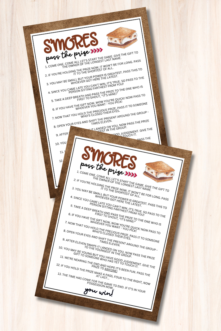 Looking for a fun and cozy way to liven up your next gathering? This S'mores Pass the Prize game is the perfect addition to your baby shower, camping-themed birthday, RV party, or bonfire night!