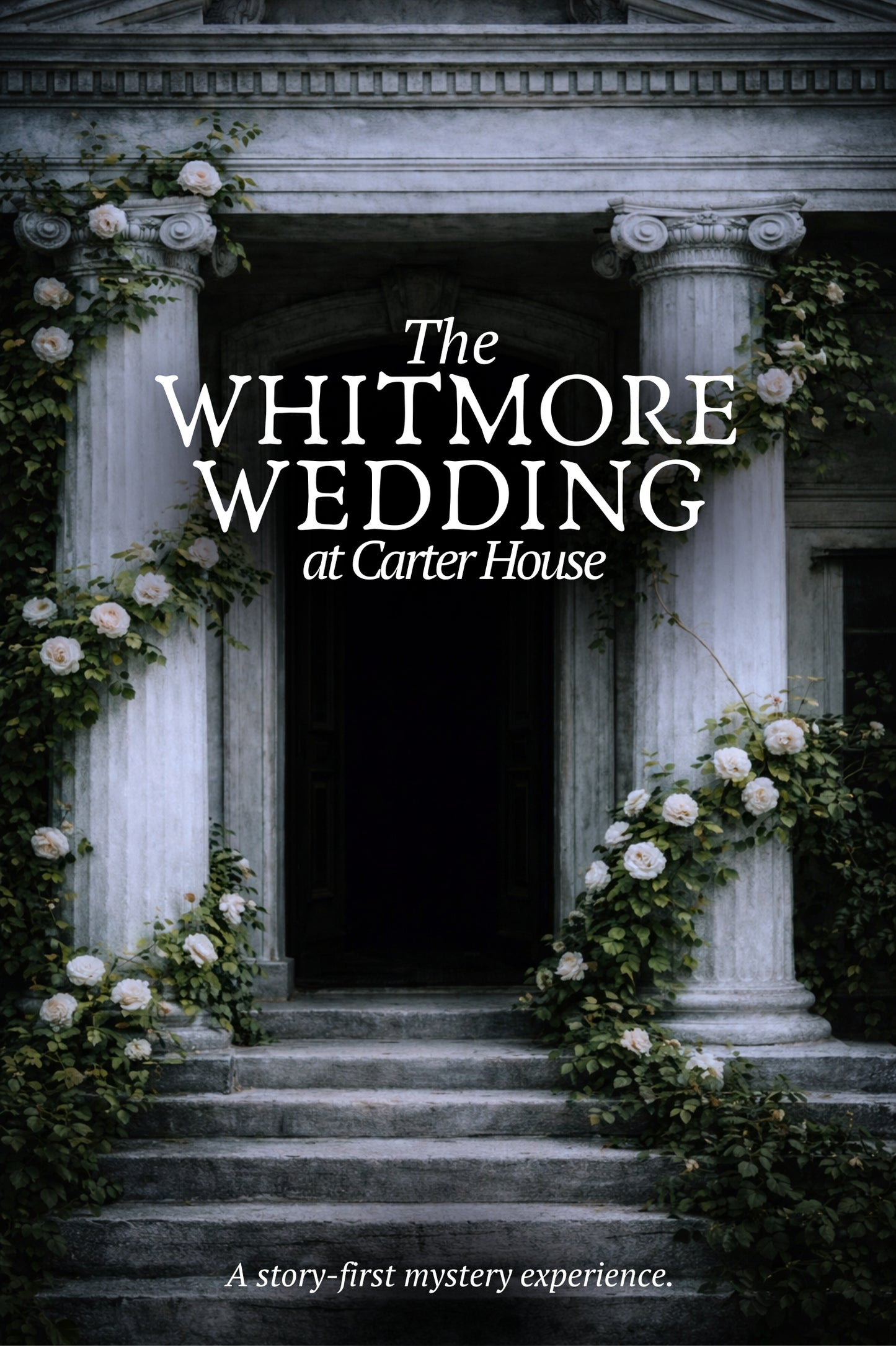Decorative entrance with floral arrangements and text about 'The Whitmore Wedding at Carter House'.