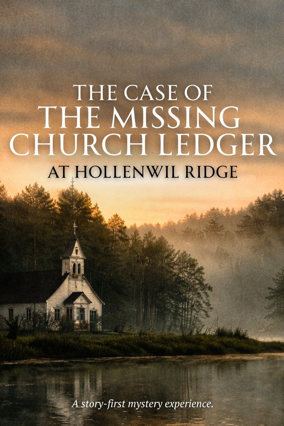 Book cover of 'The Case of the Missing Church Ledger at Hollenwil Ridge' with a church and lake scene.